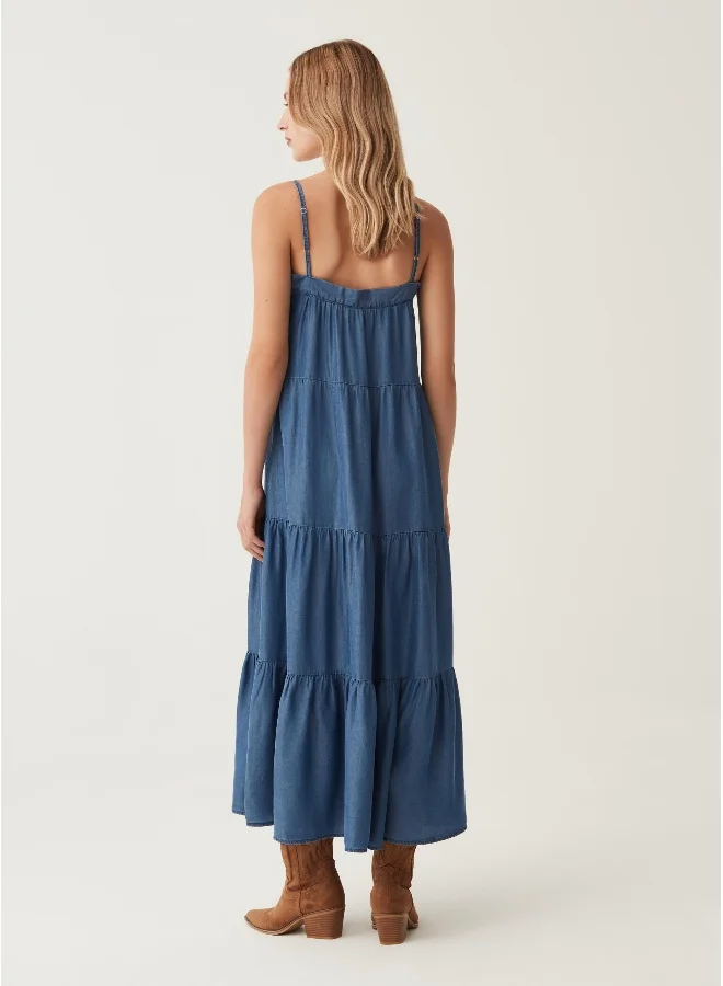 او في اس Ovs Long Tiered Dress With Denim Effect