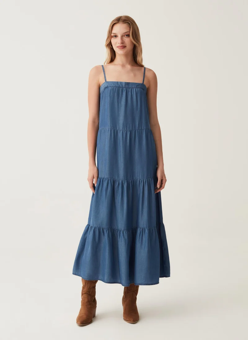 او في اس Ovs Long Tiered Dress With Denim Effect