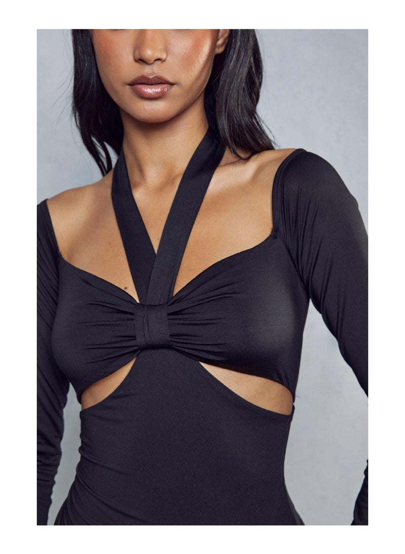 Double Layer Knot Front Long Sleeve Dress