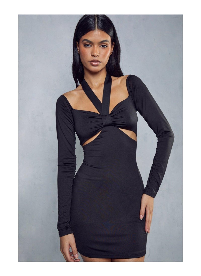 Double Layer Knot Front Long Sleeve Dress