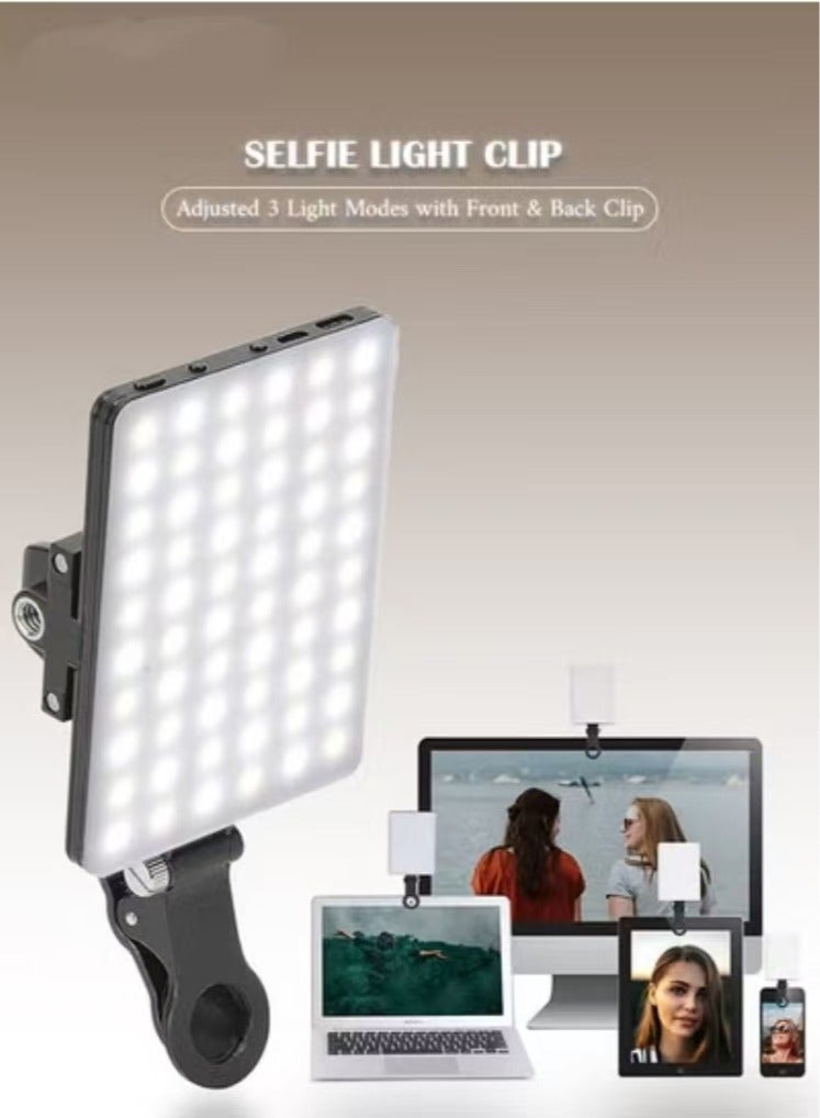 DUSALA High-power 60-LED Rechargeable Selfie Light with Front u0026 Back Clips, 3 Light Modes and 10 Brightness Levels, Ideal for Makeup, Selfies, Vlogs, Video Conferences on Smartphones, Tablets, Laptops - Image 1