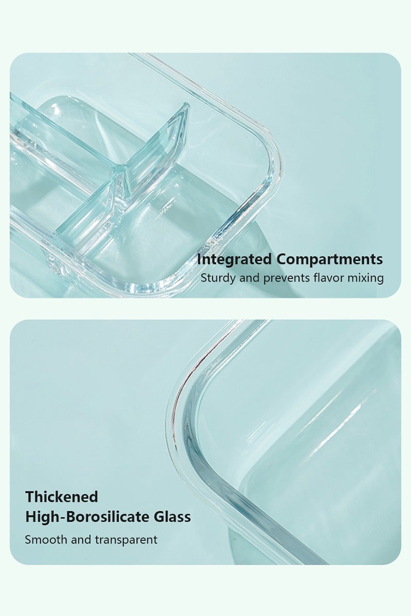 DPTER 3 Compartment Glass Bento Box Lunch Box With Lid Glass Food Storage Box， Kitchen Cabinet Organizers，Glass Food Storage 1040ML Blue  - Image 4
