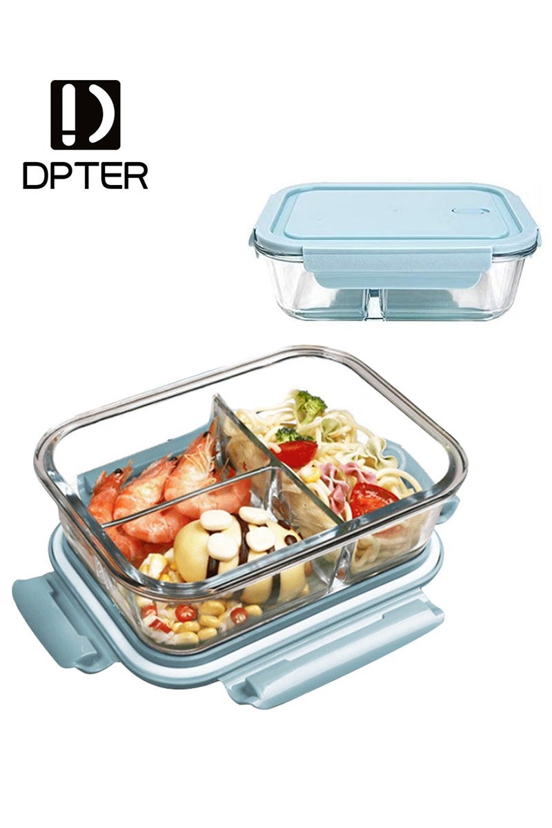 DPTER 3 Compartment Glass Bento Box Lunch Box With Lid Glass Food Storage Box， Kitchen Cabinet Organizers，Glass Food Storage 1040ML Blue  - Image 1