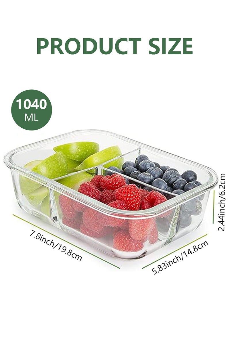 DPTER 3 Compartment Glass Bento Box Lunch Box With Lid Glass Food Storage Box， Kitchen Cabinet Organizers，Glass Food Storage 1040ML Blue  - Image 3