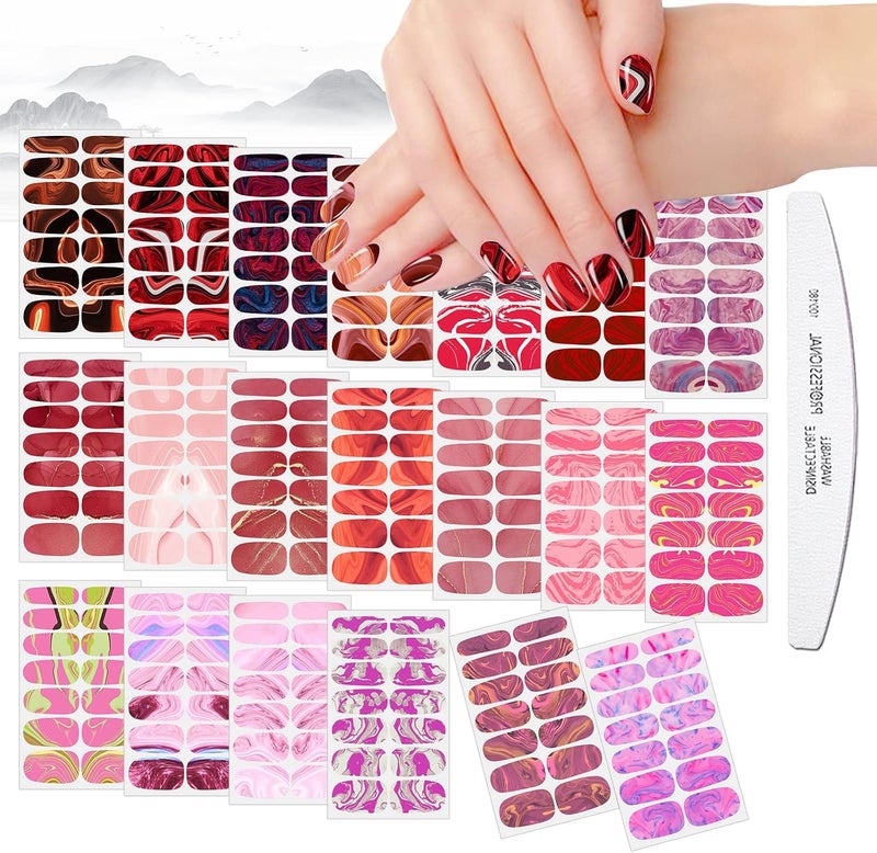 JERCLITY 280 Pieces 20 Sheets Full Wrap Marbling Nail Polish Strips Self-Adhesive Nail Stickers Full Nail Wraps Real Nail Polish Stickers Nail Strips with Nail File for Women(Pink Series)