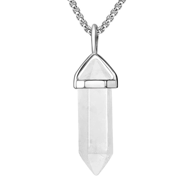 BEADNOVA Natural Clear Quartz Necklaces for Women Crystal Pendant Gemstone Necklace for Spiritual Energy Healing Hexagonal Pendant Divination for Men 18 Inches Stainless Chain