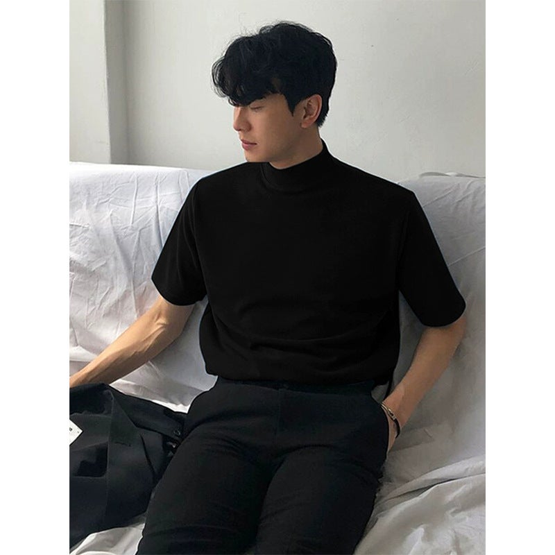 Korean Style Trendy Brand Half-high Collar T-shirt Men's Short-sleeved Solid Color Trendy All-match Loose Mid-collar Top Summer stand collar T-shirt - Image 3