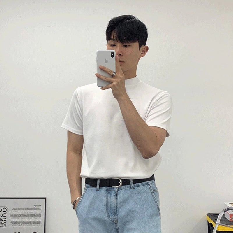 Korean Style Trendy Brand Half-high Collar T-shirt Men's Short-sleeved Solid Color Trendy All-match Loose Mid-collar Top Summer stand collar T-shirt - Image 2