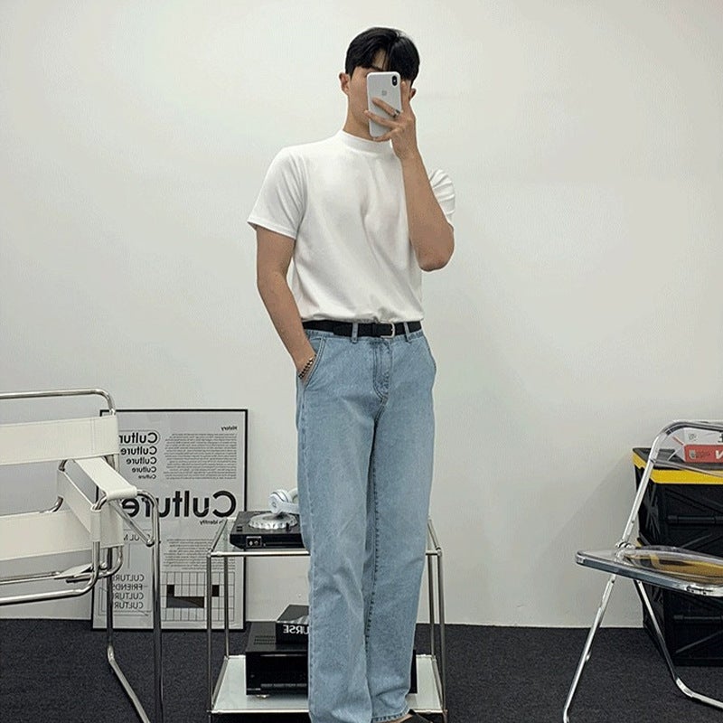 Korean Style Trendy Brand Half-high Collar T-shirt Men's Short-sleeved Solid Color Trendy All-match Loose Mid-collar Top Summer stand collar T-shirt - Image 5