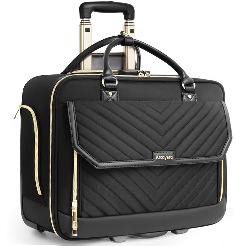 Arcoyard Rolling Laptop Bag Women, Rolling Briefcase for Women for Work, 17.3 Inch Computer Bag with Wheels, Fashion Flap Laptop Bag With Wheels for Work Business, TSA Friendly Design, Black - Image 1