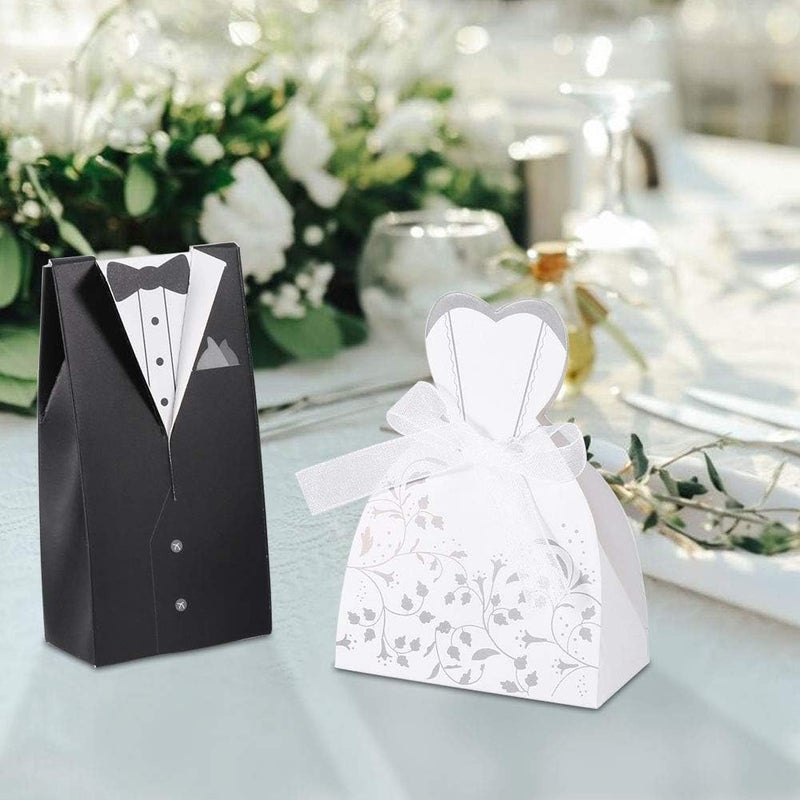 Luckam Wedding Party Favour Boxes, 50 Pairs Sweet Candy Boxes Bride and Groom Gift Favour Bags Paper Favour Boxes Gift Boxes with Ribbons for Wedding Favours - Image 4
