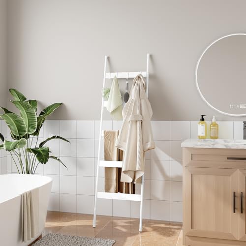 ELYKEN Blanket Ladder for Living Room, Farmhouse 5-Tier Quilt Holder with 4 Removable Hooks for Bathroom, Wood Towel Rack Display, Wall Anchor Leaning Decorative Stand for Home, White - Image 5