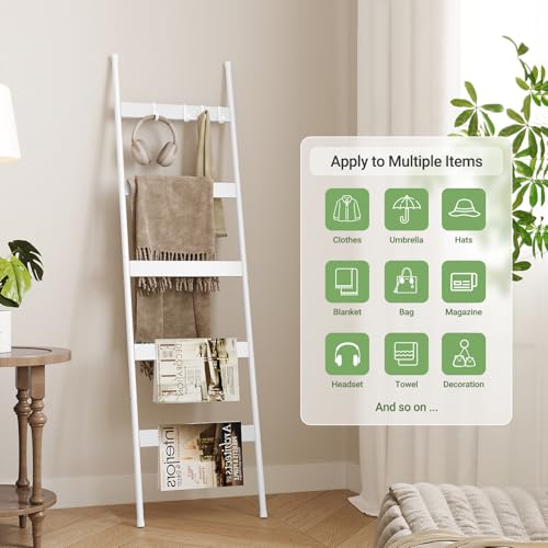 ELYKEN Blanket Ladder for Living Room, Farmhouse 5-Tier Quilt Holder with 4 Removable Hooks for Bathroom, Wood Towel Rack Display, Wall Anchor Leaning Decorative Stand for Home, White - Image 2