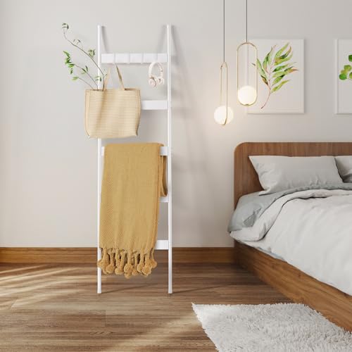 ELYKEN Blanket Ladder for Living Room, Farmhouse 5-Tier Quilt Holder with 4 Removable Hooks for Bathroom, Wood Towel Rack Display, Wall Anchor Leaning Decorative Stand for Home, White - Image 4
