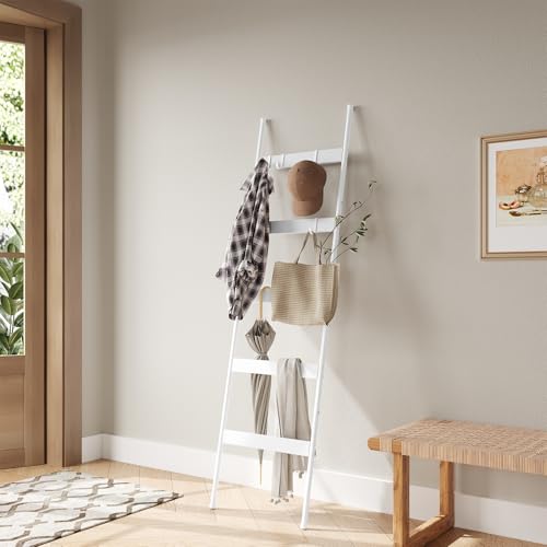 ELYKEN Blanket Ladder for Living Room, Farmhouse 5-Tier Quilt Holder with 4 Removable Hooks for Bathroom, Wood Towel Rack Display, Wall Anchor Leaning Decorative Stand for Home, White - Image 3