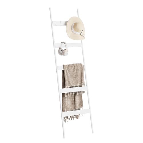 ELYKEN Blanket Ladder for Living Room, Farmhouse 5-Tier Quilt Holder with 4 Removable Hooks for Bathroom, Wood Towel Rack Display, Wall Anchor Leaning Decorative Stand for Home, White - Image 1