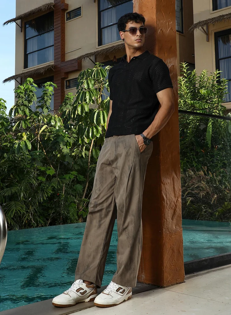 Campus Sutra  Men Grazed-Imprint Straight-Fit Trousers | Mid-Rise , Elasticated Waistband | Button , Straight Hem | Abstract Print Plain | Woven Fabric For Casual & Evening Wear | Coffee Brown for Men | Best Price UAE