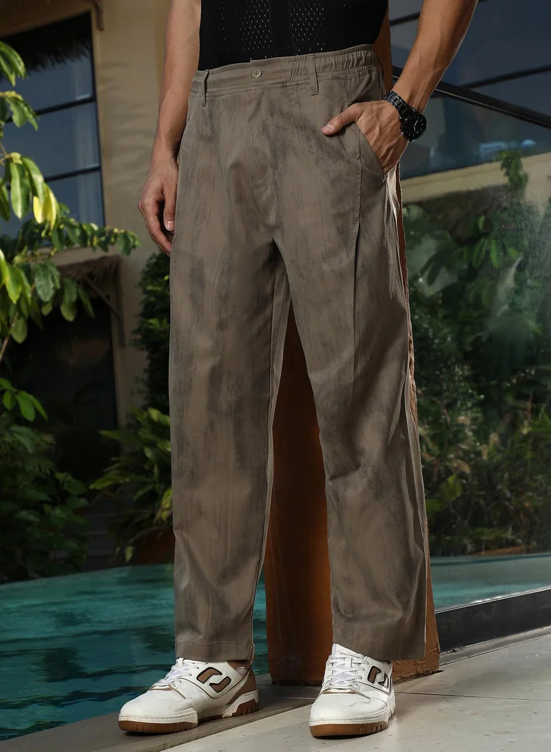 Campus Sutra  Men Grazed-Imprint Straight-Fit Trousers | Mid-Rise , Elasticated Waistband | Button , Straight Hem | Abstract Print Plain | Woven Fabric For Casual & Evening Wear | Coffee Brown for Men | Best Price UAE