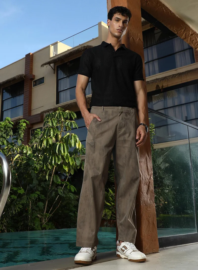 Campus Sutra  Men Grazed-Imprint Straight-Fit Trousers | Mid-Rise , Elasticated Waistband | Button , Straight Hem | Abstract Print Plain | Woven Fabric For Casual & Evening Wear | Coffee Brown for Men | Best Price UAE