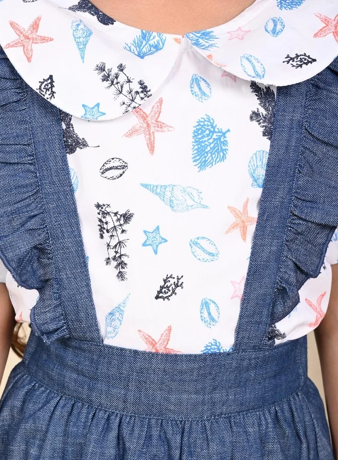 LILPICKS Denim Dungaree Skirt with Printed Top