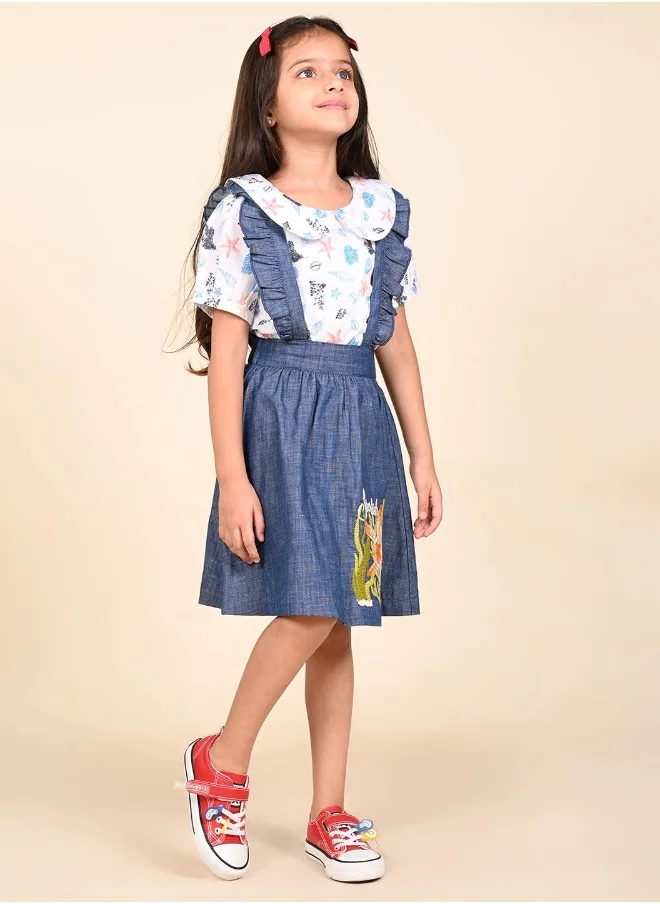 ليلك Denim Dungaree Skirt with Printed Top