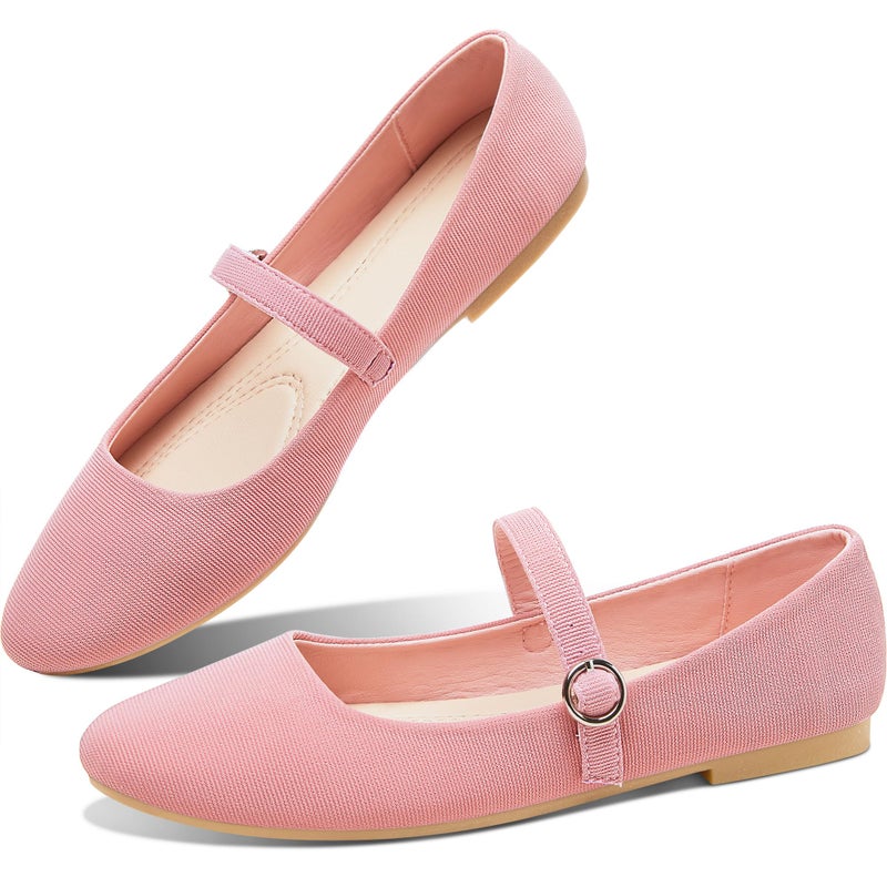 Obtaom Mary Jane Flat Shoes Round Toe Ballet Flats for Women Dressy Fabric Business Flats Comfortable Classic Strap Flats for Office(Dirty Pink,US9) - Image 1