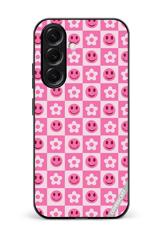 VR CREATIVE Protective Case Cover For Samsung Galaxy S25 Checkered Hot Pink Retro Flowers And Happy Faces Seamless Pattern Design Multicolour