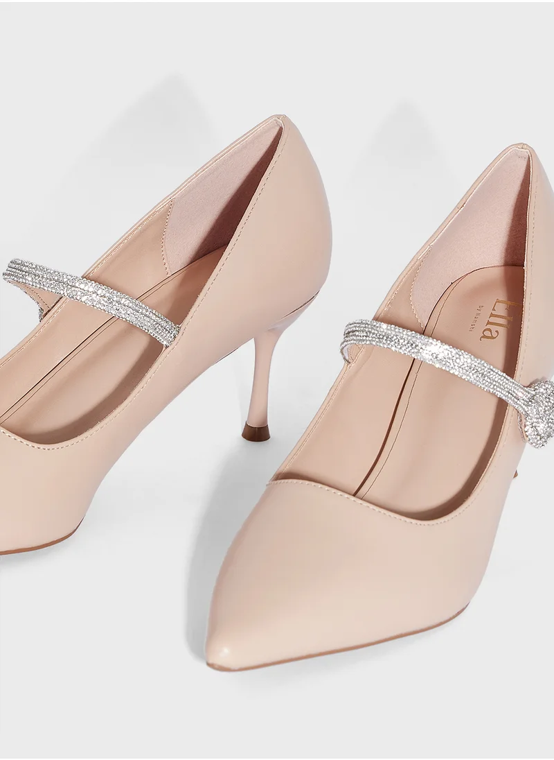 ELLA Floral Diamante Strap Pointy Pump