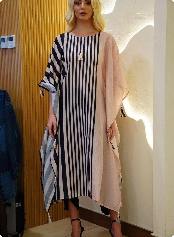 #Be Beige and Black Striped Kaftan Set