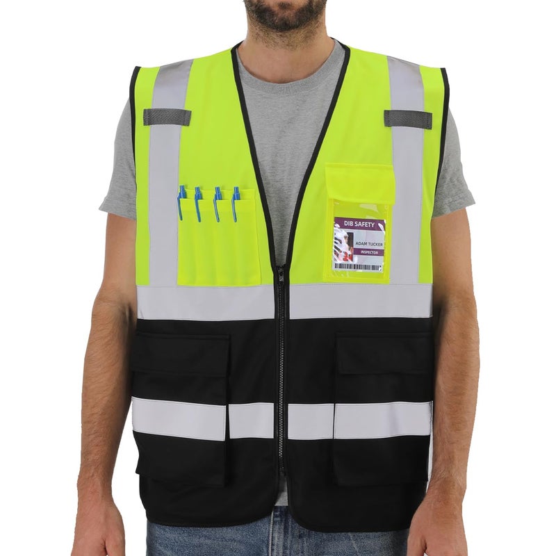 Dib Safety Reflective Vest High Visibility with Pockets and Zipper Yellow and Black S