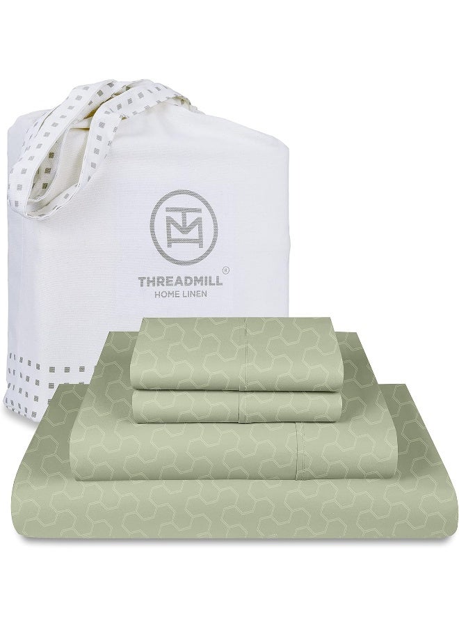 Threadmill Home Linen 500 Thread Count Queen Size 4 Pc Luxury Cotton Bedding Set, Jacquard Floria Sage Green, Silky Smooth Sheets with 16" Elasticized Deep Pocket, 2 Pillowcases & Free Tote Bag  - Image 1