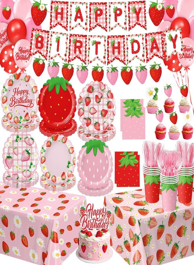 LINHAXM Strawberry Birthday Decorations Includes Plates, Napkins, Cups, Cutlery, Cupcake Toppers, Banner, Tablecloths, Balloons for Berry First Strawberry Shortcake Birthday Decorations, Serves 24 - Image 1