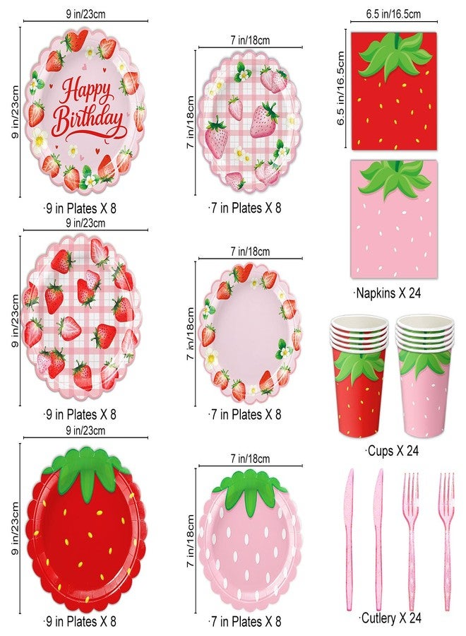 LINHAXM Strawberry Birthday Decorations Includes Plates, Napkins, Cups, Cutlery, Cupcake Toppers, Banner, Tablecloths, Balloons for Berry First Strawberry Shortcake Birthday Decorations, Serves 24 - Image 3