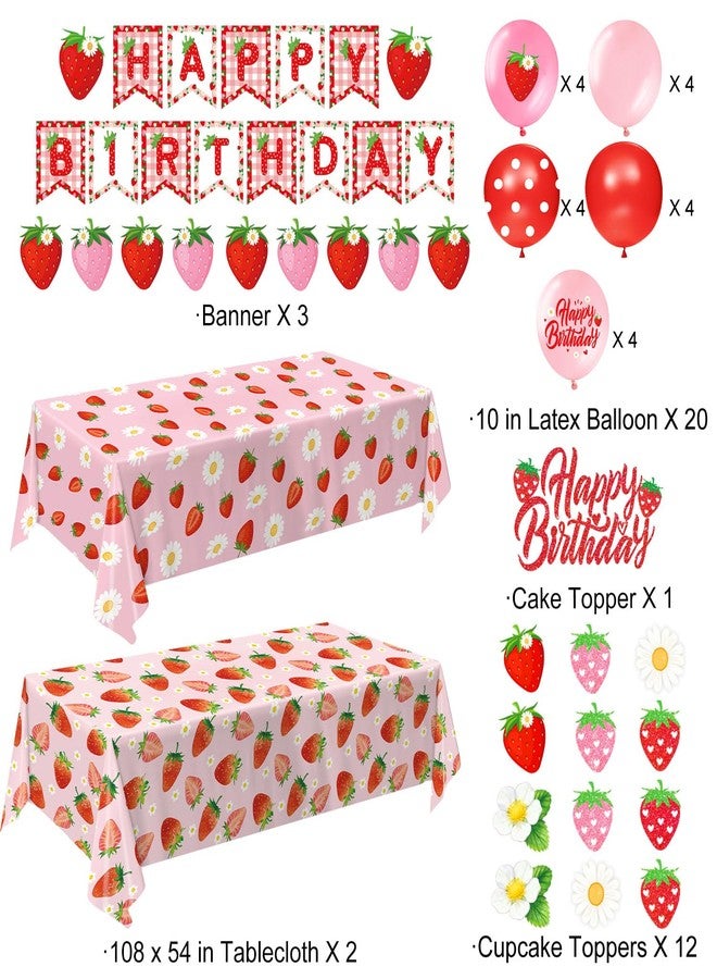 LINHAXM Strawberry Birthday Decorations Includes Plates, Napkins, Cups, Cutlery, Cupcake Toppers, Banner, Tablecloths, Balloons for Berry First Strawberry Shortcake Birthday Decorations, Serves 24 - Image 2