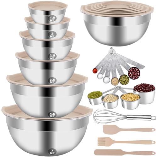 WEPSEN Mixing Bowls Set, 27PCS Khaki Mixing Bowls With Lids Set Stainless Steel Kitchen Large Nesting Metal Bowl 7QT to 1.5QT, Measuring Cups and Spoons for Prepping Cooking Serving - Image 1
