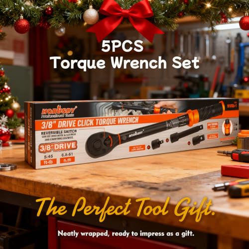 HORUSDY 3/8" 5PCS Torque Wrench Set(5–45 ft-lb/ 6.8–61 Nm) – Torque Wrench 3/8 Drive with 3" Extension, 3/8" to 1/4" & 3/8" to 1/2" Adapters, Case for Bike, Car, Moto & Other Repair - Image 2