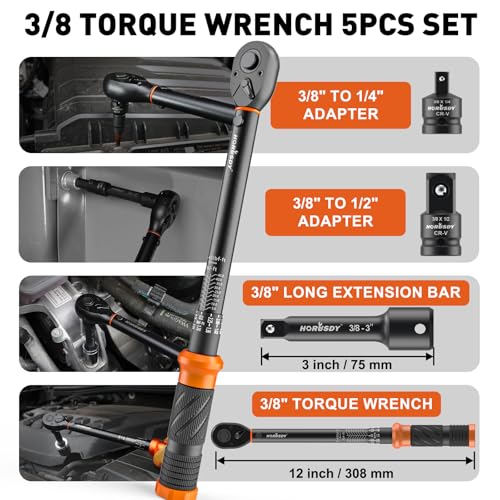 HORUSDY 3/8" 5PCS Torque Wrench Set(5–45 ft-lb/ 6.8–61 Nm) – Torque Wrench 3/8 Drive with 3" Extension, 3/8" to 1/4" & 3/8" to 1/2" Adapters, Case for Bike, Car, Moto & Other Repair - Image 3
