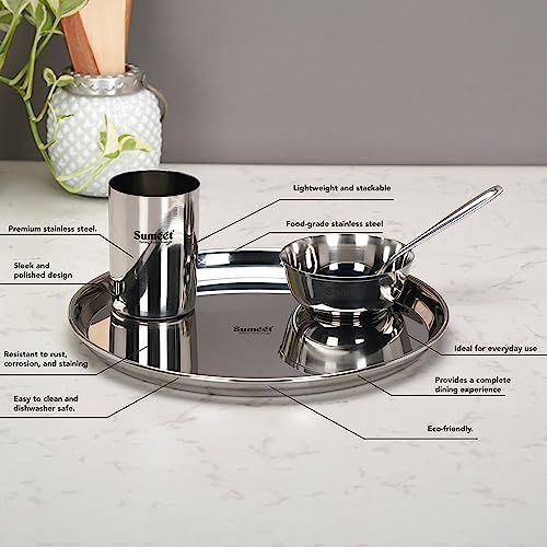 Sumeet Stainless Steel Heavy Gauge Mirror Finish Solid Dinner Set Of 16 Pcs (4 Plate, 4 Bowl/Wati, 4 Glass, 4 Spoon), Silver - Image 2