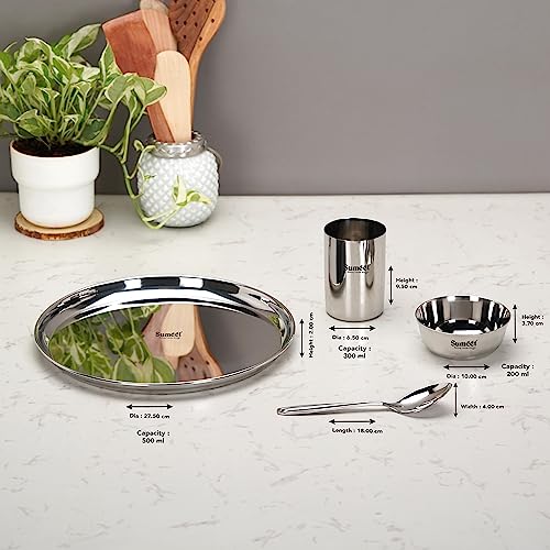 Sumeet Stainless Steel Heavy Gauge Mirror Finish Solid Dinner Set Of 16 Pcs (4 Plate, 4 Bowl/Wati, 4 Glass, 4 Spoon), Silver - Image 4