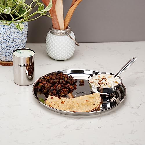 Sumeet Stainless Steel Heavy Gauge Mirror Finish Solid Dinner Set Of 16 Pcs (4 Plate, 4 Bowl/Wati, 4 Glass, 4 Spoon), Silver - Image 3