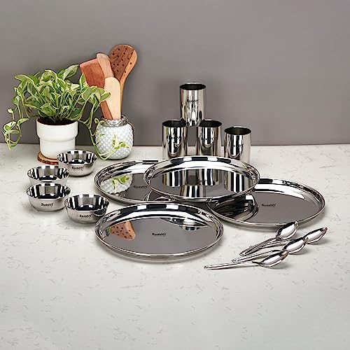 Sumeet Stainless Steel Heavy Gauge Mirror Finish Solid Dinner Set Of 16 Pcs (4 Plate, 4 Bowl/Wati, 4 Glass, 4 Spoon), Silver - Image 1