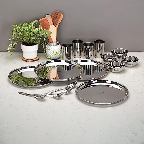Sumeet Stainless Steel Heavy Gauge Mirror Finish Solid Dinner Set Of 16 Pcs (4 Plate, 4 Bowl/Wati, 4 Glass, 4 Spoon), Silver - Image 5