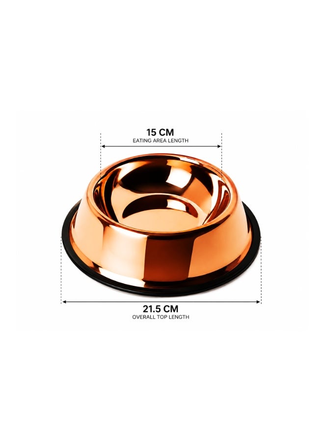 Non-Slip Stainless Steel Pet Bowl for Dogs and Cats - Durable Food and Water Feeding Dish with Rubber Base, Copper Color (15cm Inner, 21.5cm Base) - Image 2