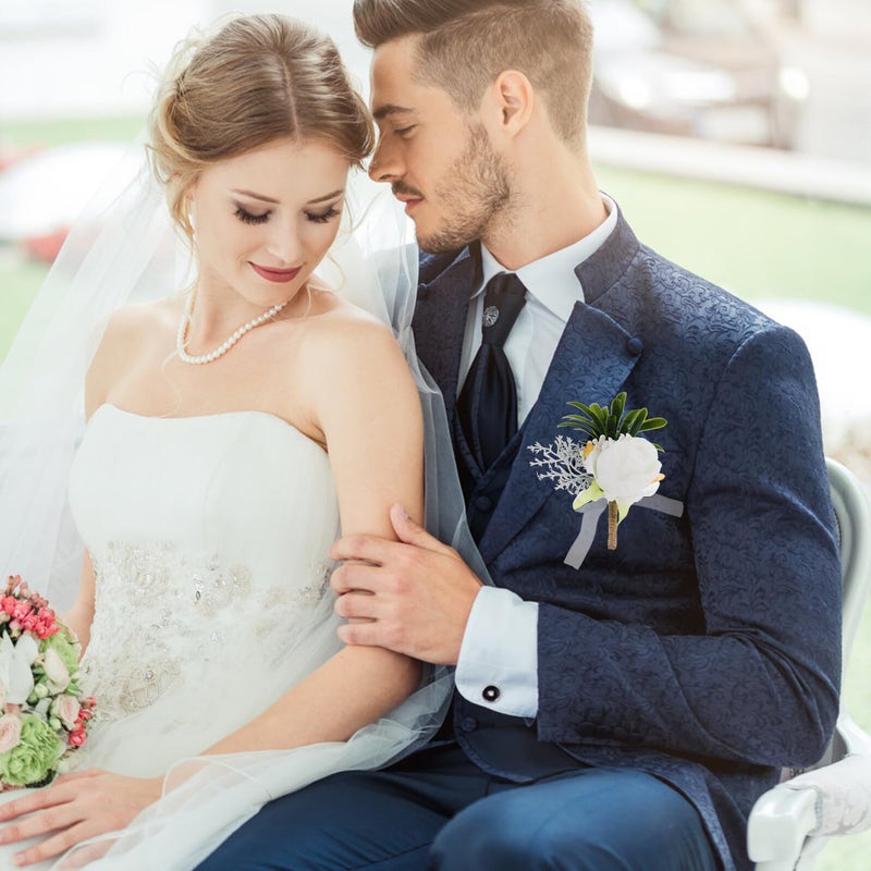 White Artificial Rose Boutonniere Lapel Pin For Wedding Suit Decoration - Image 5