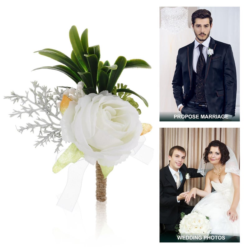 White Artificial Rose Boutonniere Lapel Pin For Wedding Suit Decoration - Image 4