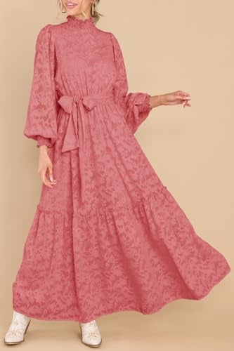 MITILLY Women's Floral Lace Long Puff Sleeve Ruffle High Neck A-Line Flowy Tiered Maxi Dress with Belt Medium Bean Paste - Image 4
