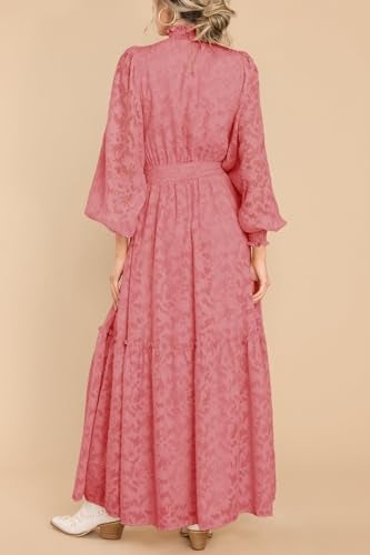 MITILLY Women's Floral Lace Long Puff Sleeve Ruffle High Neck A-Line Flowy Tiered Maxi Dress with Belt Medium Bean Paste - Image 3