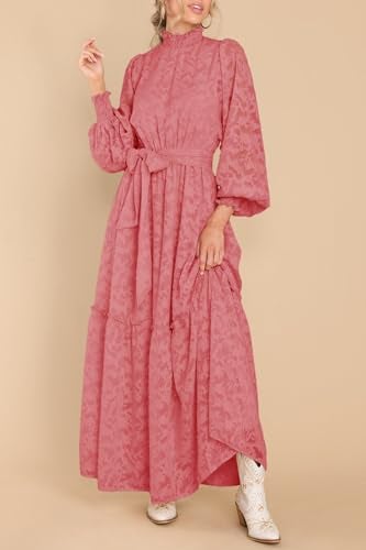 MITILLY Women's Floral Lace Long Puff Sleeve Ruffle High Neck A-Line Flowy Tiered Maxi Dress with Belt Medium Bean Paste - Image 5