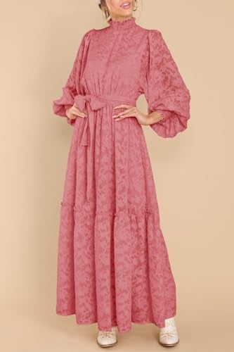 MITILLY Women's Floral Lace Long Puff Sleeve Ruffle High Neck A-Line Flowy Tiered Maxi Dress with Belt Medium Bean Paste - Image 2