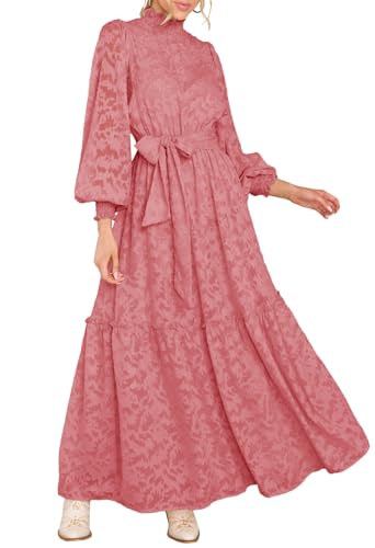 MITILLY Women's Floral Lace Long Puff Sleeve Ruffle High Neck A-Line Flowy Tiered Maxi Dress with Belt Medium Bean Paste - Image 1